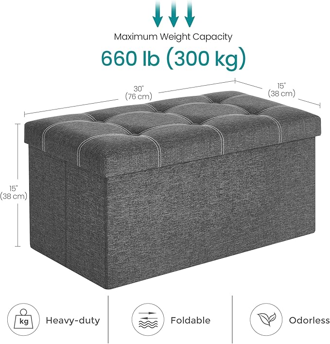 SONGMICS Mazie Collection - 30 Inches Ottoman Storage Bench, 21 Gal. Folding Chest with Breathable Linen-Look Fabric, Load up to 660 lb, for Entryway, Living Room, Bedroom, Dark Gray ULSF001G01-Ruum Studio Home