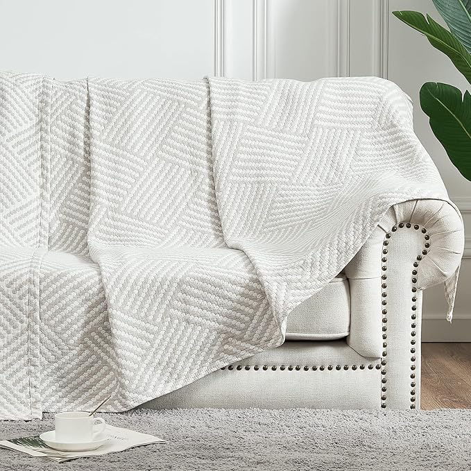 jinchan Boho 100% Cotton Blanket Muslin Twin Size 60x80 Inches Lightweight 3-Layer Geometric Square Pattern Reversible Quilt Throw Soft Breathable Comfy All Seasons for Couch Bed Decor, Light Grey-Ruum Studio Home