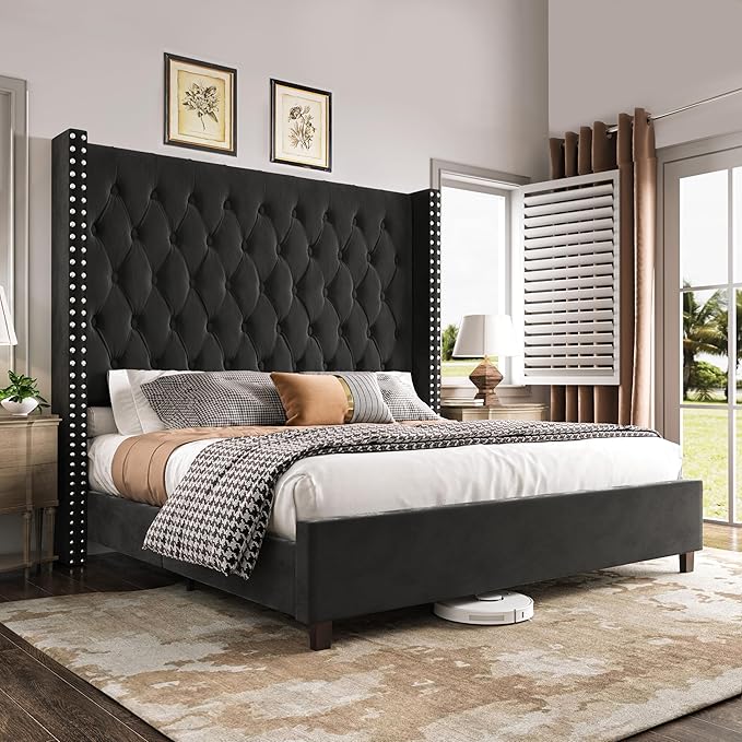 PaPaJet King Size Bed Frame with 61.4" Tall Headboard, Velvet Modern Upholstered Tufted Bed for Adults, Handmade Deep Button Tufting, Solid Wood Legs, No Box Spring Required, Black-Ruum Studio Home