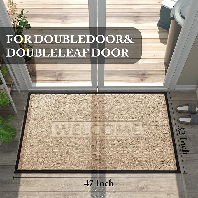 Yimobra Door Mat Indoor Outdoor Entrance, Non Slip Welcome Front Doormats, Heavy Duty Rubber Backing, Stain and Fade Resistant, Low Profile, Easy Clean Patio Garage Floor Mats, 47 x 32, Beige-Ruum Studio Home