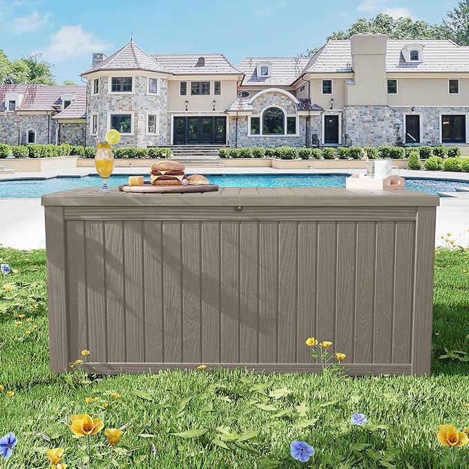 200 Gallon Resin Deck Box, Waterproof Outdoor Storage Bin for Patio Furniture, Pool Accessories, and Garden Tools, Lockable & UV-Resistant, Grey-Ruum Studio Home