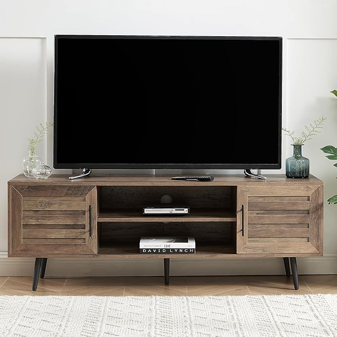 Mid Century Wooden TV Stand Entertainment Console with Open Shelving and 2 Cabinets for Televisions up to 65 Inches(Rustic Oak)-Ruum Studio Home