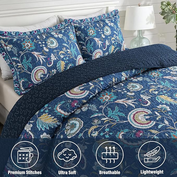NEWLAKE Quilt Set Queen Size, Bedspread Sets Blue Botanical Floral Patterns, Reversible Quilt Bedding Set Lightweight and Breathable for All Seasons, Soft Quilted Bedspread with 2 Pillow Shams-Ruum Studio Home