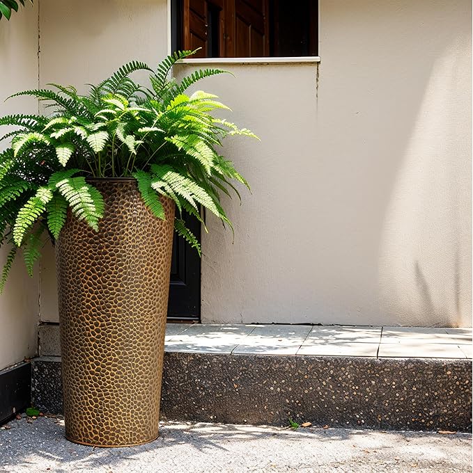 KOL 25" H. Metal Hand-Hammered Planters with Inner Pots 2-Pack, Bronze Decor Planter for Deck, Patio, Porch - Galvanized Steel Handcrafted Flower Pot - w/Water Level Indicator - Indoor Outdoor Use-Ruum Studio Home
