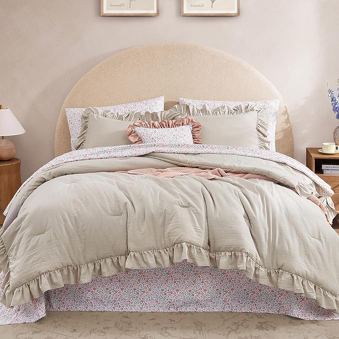 Queen Comforter Set - 7 Pieces Ruffle Beige Bedding Sets, Shabby Chic Farmhouse Bed in a Bag Queen with Ruffle Comforter, Floral Sheets, Pillowcases & Shams-Ruum Studio Home
