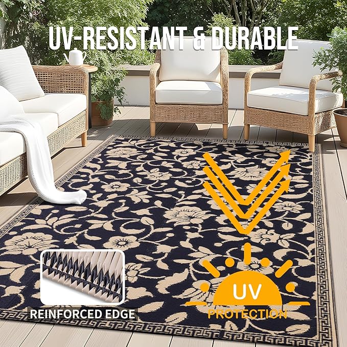 OLANLY Waterproof Outdoor Rug 5x8 ft, Outdoor Plastic Straw Rug with Flower Pattern, Reversible RV Mat for Patio, Camping, Balcony, Deck, Backyard, Black & Beige-Ruum Studio Home