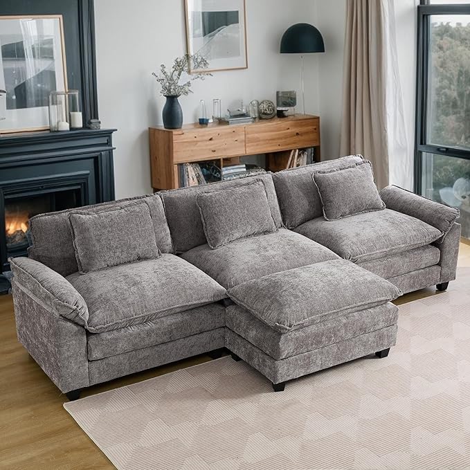 URRED Modular Sectional Sofa Comfy Cloud Couch, Modern Chenille Sofa Sleeper Deep Seat Couches with Ottoman/Pillows for Living Room (Gray, 117''- L Shape)-Ruum Studio Home