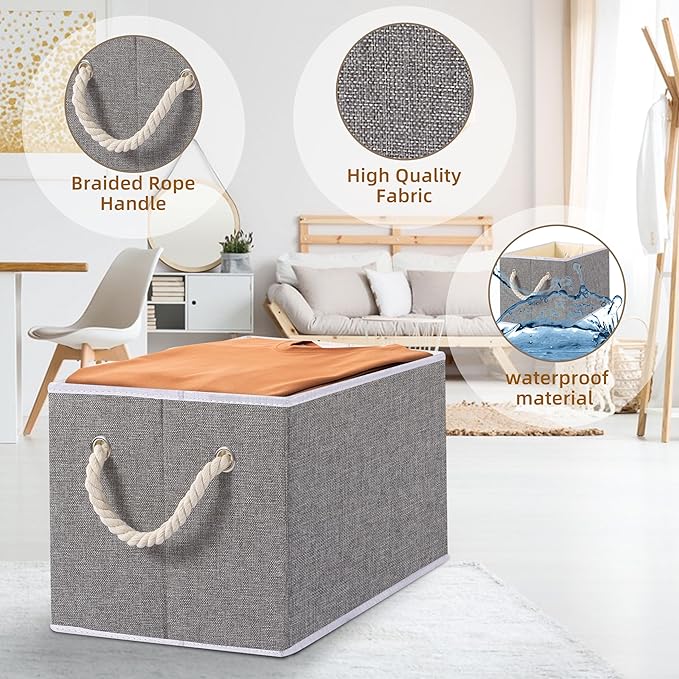 Yawinhe Foldable Storage Basket 5-Pack, Large Fabric Bins with Rope Handle, Used for Organizing Shelves, Closets, Clothes, 12.99''Lx9.05''Wx7.87''H, Grey-Ruum Studio Home