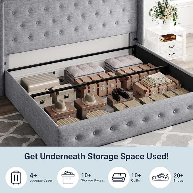 Allewie King Size Lift Up Storage Bed, Button Tufted Headboard with Wingback, Hydraulic Support, No Box Spring Needed, Light Grey-Ruum Studio Home