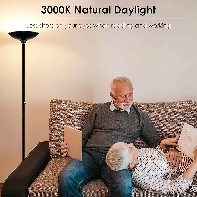 BoostArea Torchiere Floor Lamp, 30W Super Bright LED Standing Lamp, Stepless Dimmable Pole Lamp with 3000K Lighting, Rotary Switch, 70 Inch Tall Metal Modern Floor Lamps for Living Room/Bedroom Black-Ruum Studio Home