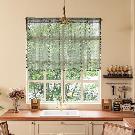 Sutuo Home Boho Valance Curtains for Kitchen Cafe,Crochet Lace Sheer Bohemian Hollow Knitted with Tassels, Privacy Vintage Rustic Farmhouse Drapes, Rod Pocket 1 Panel 59" W x 18" L, Olive Green