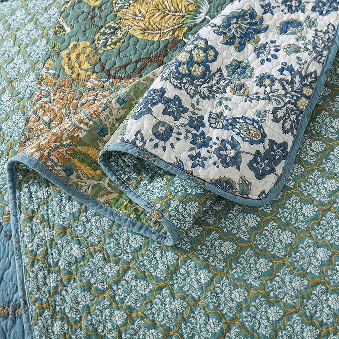 NEWLAKE Cotton Patchwork Bedspread, 3-Piece Bedding Quilt Set with Real Stitched Embroidery, Reversible Matelasse Bed Coverlet Set,Green Farmhouse Garden,King Size-Ruum Studio Home