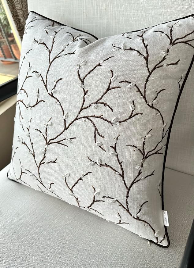 VAGMINE Embroidered Pussy Willow Throw Pillow Cover - 20x20 Inches Square - 100% Cotton Ivory Cushion Cover - Delicate Floral Stitchwork - Chic Home Accent for Sofa, Lounge, Rustic Farmhouse Décor-Ruum Studio Home