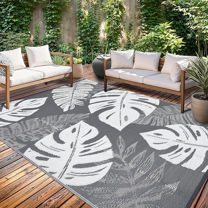 GAOMON Outdoor Rug Waterproof 9x12 Outdoor Plastic Straw Rug for Patio, Reversible Modern Camping Mat with Bag & Stakes, UV Resistant & Easy to Clean Carpet for RV, Deck, Balcony, Grey-Ruum Studio Home
