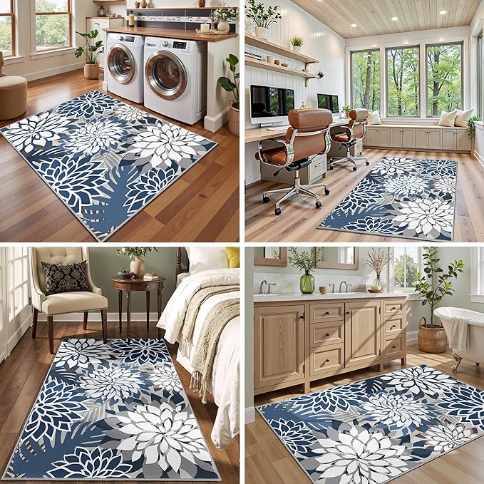 Area Rug 3x5 Blue White Washable Entry Rug Multicolored Tropical Botanical Modern Floral Indoor Kitchen Door Mat Entrance Carpet Non Slip for Bedroom Living Room, Porch-Ruum Studio Home