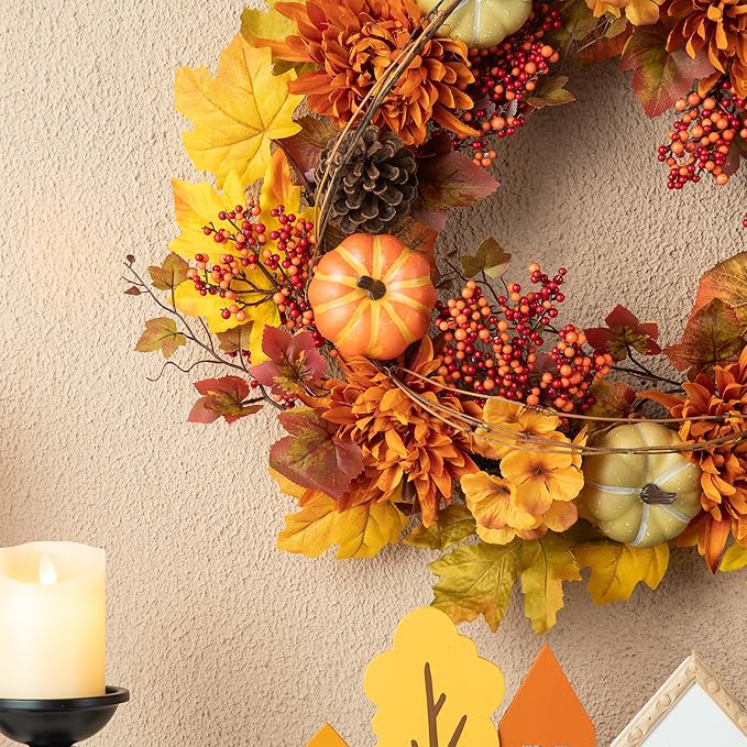 Glitzhome 24 inch Artificial Fall Wreath Decor, Autumn Maple Leaf Wreath for Front Door with Dahlia Pumpkin, Leaf and Berry Wreaths for Autumn Harvest Thanksgiving Halloween Decor-Ruum Studio Home
