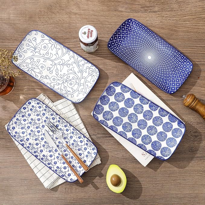 Selamica Ceramic Serving Platters, 14 Inch Serving Trays for Party Entertaining, Large Rectangular Serving Plates for Appetizer, Charcuterie, Dessert, Fruit, Set of 4, Vintage Blue-Ruum Studio Home