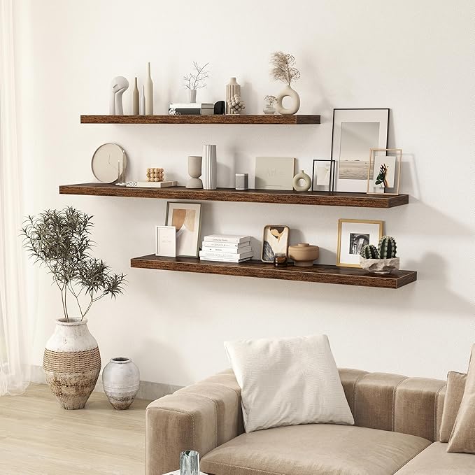Fun Memories 72 Inch Floating Shelves for Wall 2 Pack Shelves for Bedroom|Kitchen|Bathroom 72 x 9.3 Inch Wood Floating Shelf with Invisible Brackets for Books|Storage|Decor, Rustic Brown-Ruum Studio Home