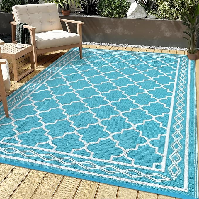 GAOMON Outdoor Plastic Straw Rug, 10'x14' Reversible Sage Green Patio Mat, Flower Modern Design for RV, Backyard, Deck, Camping, Picnic, Teal/White(Geometric)-Ruum Studio Home