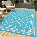 GAOMON Outdoor Rug Waterproof 8'x10', Reversible Outdoor Plastic Straw Rug, Boho Patio Rug, Indoor Outdoor Carpet, RV Mat Outside for Patio, Camp, Picnic, Balcony, Deck, Teal/White(Geometric)-Ruum Studio Home