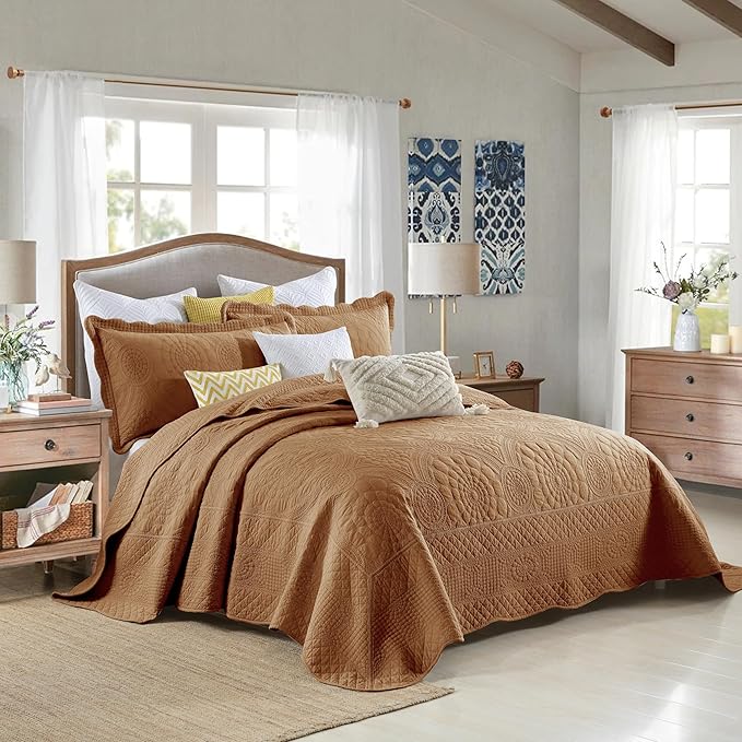 MarCielo 3-Piece 100% Cotton Oversized Bedspread Lightweight Quilt Coverlet Embroidery Farmhouse Bedding Set (Tf Dusty Orange, Oversized Queen (100"x106"))-Ruum Studio Home