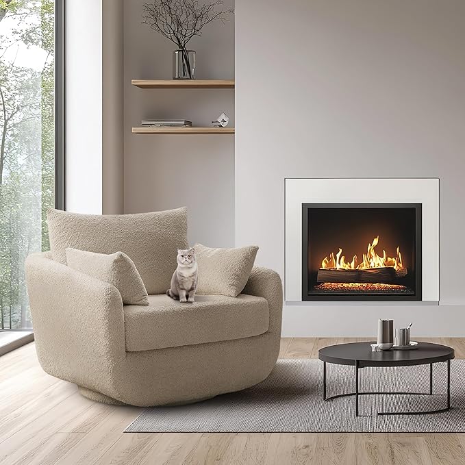 360° Swivel Accent Armchair, 39.3" Oversized, Sherpa Boucle Fabric Sofa Chair with Removable Back & Arm Pillows, Swivel Chair with Cozy Soft Padded, No Assembly Required (1, Camel)-Ruum Studio Home