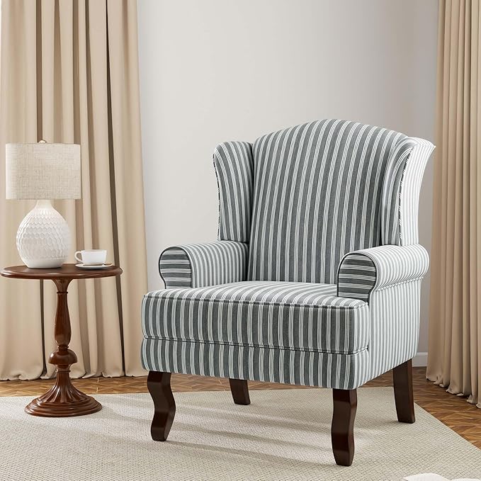 Accent Chair, High Back Upholstered Armchair with High Resilience Sponge & Wood Legs, Mid-Century Modern Comfy Single Sofa Reading Chairs for Living Room, Bedroom (Stripe Grey, Set of 1)-Ruum Studio Home