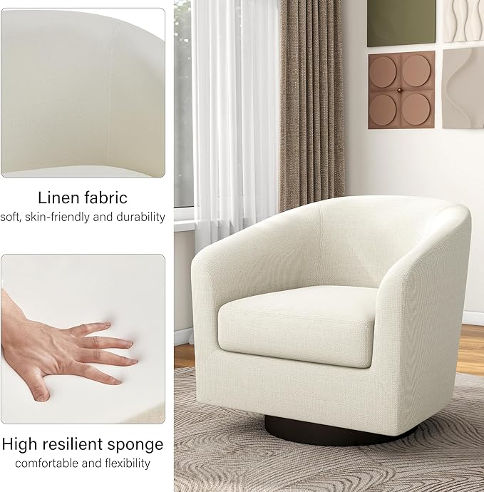 Swivel Barrel Accent Chair, Modern Round Linen Arm Chair for Living Room, Bedroom, Comfy Club Reading Chairs for Adults（Linen Fabric, Beige, Set of 2-Ruum Studio Home