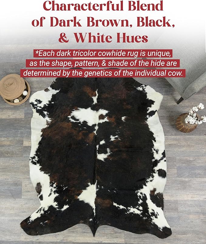 Natural Cowhide Rug for Home & Office Premium Dark Tricolor Cowhide Rug with Unique Dark Brown, Black & White Patterns- Cow Hide Rugs Made with Tanned Leather - Cow Hide Rugs 6x6-7 ft-Ruum Studio Home