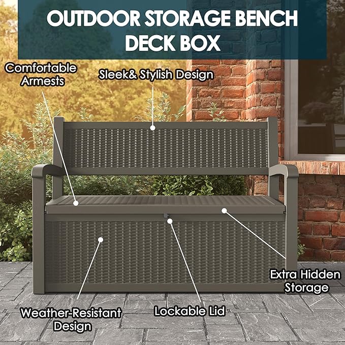 70 Gallon Storage Bench Deck Box for Patio Furniture with Armrest Bench Outdoor Storage-Ruum Studio Home