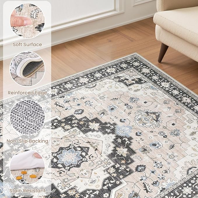 Washable Area Rugs for Living Room - 9x12 Neutral Vintage Distressed Floral Farmhouse Boho Large Soft Floor Rug Indoor Non Slip Carpet for Bedroom Dining Room Office - Pink/Dark Green-Ruum Studio Home