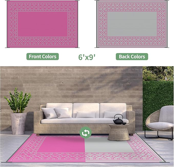 GENIMO Outdoor Rug Waterproof 6'x9' for Patio, Foldable Reversible Plastic Straw Carpet for Travel Trailers, Outside Area Mat for Rv, Deck, Picnic, Porch, Camper, Balcony, Beach, Pink & Grey-Ruum Studio Home