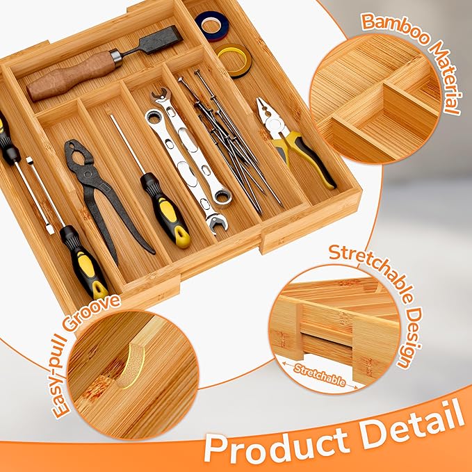 BAMEOS Bamboo Expandable Drawer Organizer, 5-7 Slots Kitchen Drawer Organizer, Adjustable Cutlery Tray for Utensils, Silverware & Flatware (Natural)-Ruum Studio Home