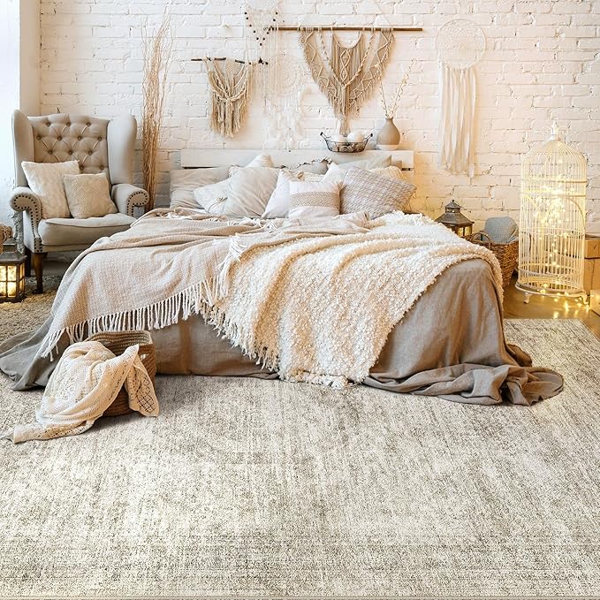 Washable Area Rugs for Living Room -8x10 Neutral Vintage Distressed Floral Farmhouse Boho Large Soft Floor Rug Indoor Non Slip Carpet for Living Room Bedroom Dining Room Office-Beige-Ruum Studio Home