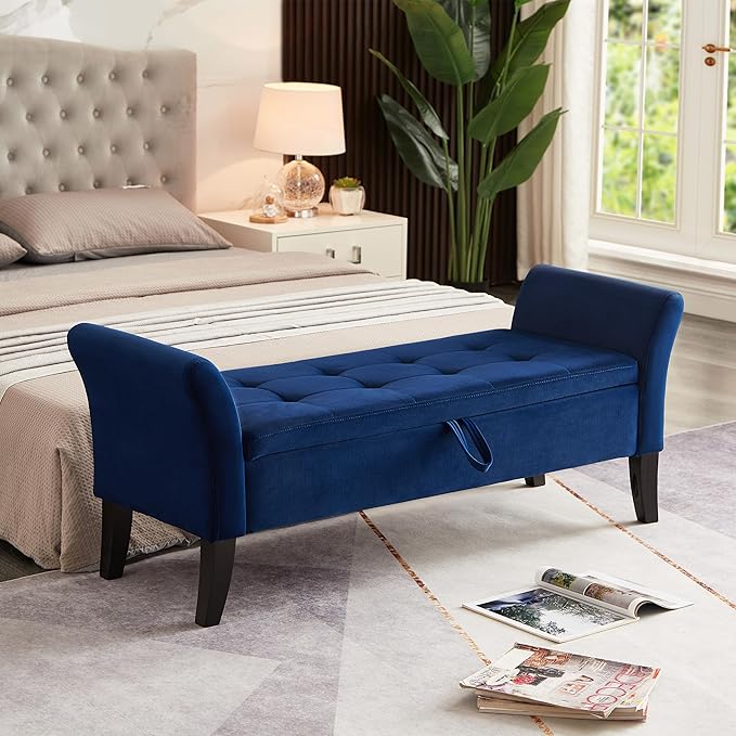 Furniliving Storage Ottoman Bench, Velvet Benches End of Bed Bench with Solid Wood Legs Upholstered Ottoman Bench with Storage Indoor Bench for Living Room with Rolled Arm, Entryway, NavyBlue-Ruum Studio Home