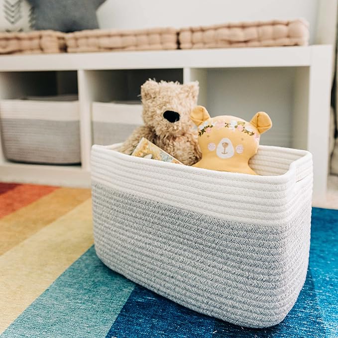 OrganiHaus Set of 3 Woven Storage Baskets for Organizing, Cotton Rope Organizer Bins for Shelves, Closet & Nursery, Dog Toy Basket, Decorative Bins for Toys, Towels & Books - 15x10x9, Grey-Ruum Studio Home