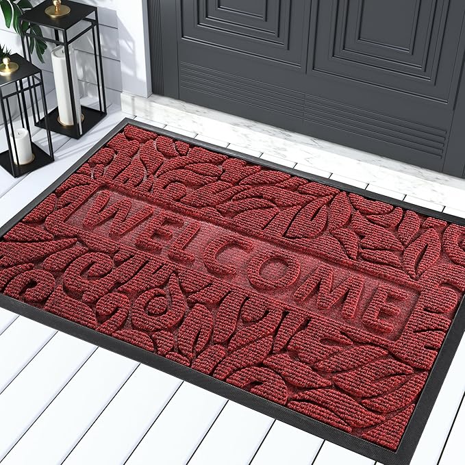 Yimobra Welcome Mat Outdoor Indoor, 29.5x17 Waterproof Door Mat Outside Entrance, All-Weather Non Slip Doormat, Low-Profile Front Door Mat, Porch and Patio Entryway Mat, Wine Red-Ruum Studio Home