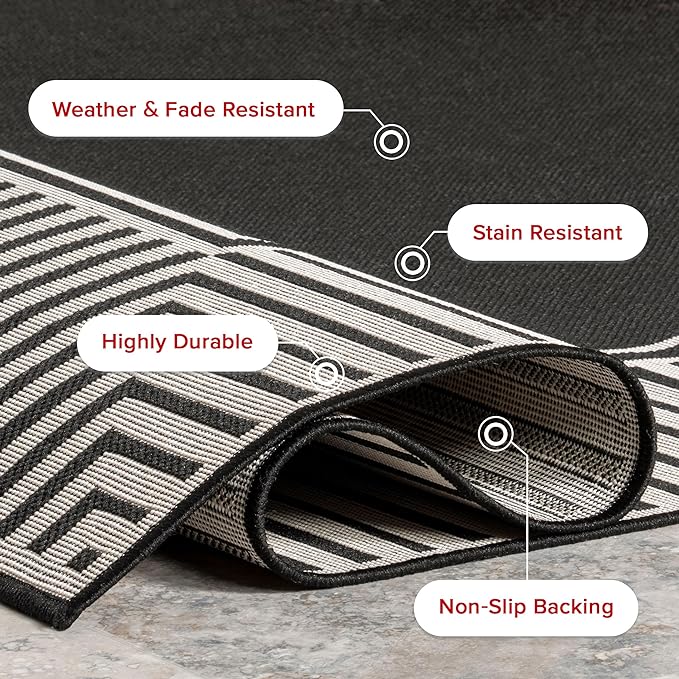 nuLOOM 5' x 8' Outdoor Area Rug, Casual Design With Striped Border, Stain Resistant, Highly Durable, For Patio, Balcony, Bedroom, Living Room, Dining Room, Bathroom, Black-Ruum Studio Home