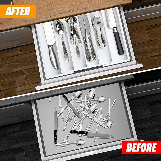 Bellsal White Silverware Organizer Kitchen Drawer Organizer Expandable Bamboo Utensil Holder Cutlery Tray for Kitchen Utensil and Flatware Bedroom Office-Ruum Studio Home