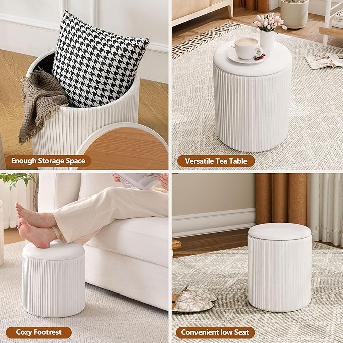 Ottoman with Storage Set of 2, Velvet Storage Ottoman, Upholstered Sponge Vanity Stool Support 300lbs, Multifunctional Coffee Table Foot Rest Ottomans for Living Room Bedroom, White-Ruum Studio Home
