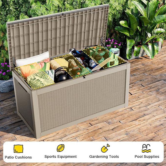 260 Gallon Outdoor Deck Box,Storage Lockable Waterproof Patio Furniture,Garden Tools,Cushions,Pool Accessories Outside Storage Resin Box(Grey)-Ruum Studio Home