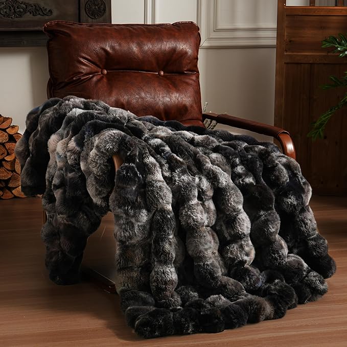 BENVWE Fluffy Faux Fur Throw Blanket for Couch, Soft Plush Thick Cozy Fuzzy Luxury Minky Bubble Blanket for Home Living Room Decor Gift for Women, Tie-dye Grey, 50" x 60", 1100GSM-Ruum Studio Home