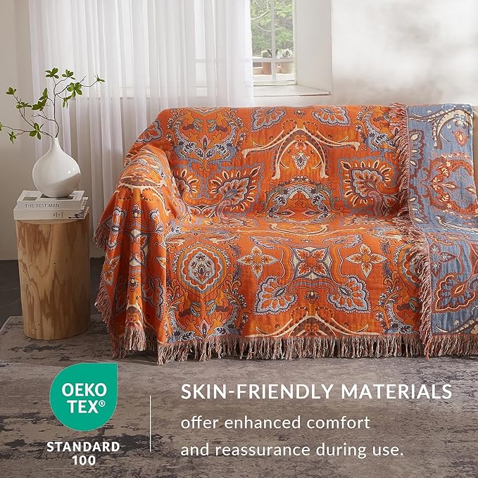 Boho Throw Blanket for Couch Sofa Bed, 100% Cotton Woven Quilt with Tassel 80”x90”, Super Soft Muslin Blanket with Oriental Universe Printed, Decorative Reversible Bed Blanket/Cover for All Seasons-Ruum Studio Home