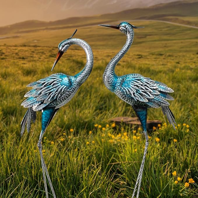 Crane Decor Statues, Blue Heron Garden Statues Metal Yard Art Outdoor Decoy, Garden Sculptures for Yard/Lawn/Pond/Outdoor Decoration, Set of 2-Ruum Studio Home