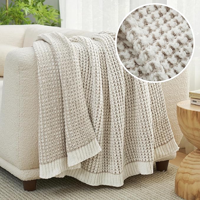 Amélie Home Chenille Waffle Throw Blanket for Couch, Reversible Pineapple Stitch Knit Soft Cozy Knit Blanket Lightweight Warm Decorative Throw for Sofa, Bed, Living Room, 50"x60", Beige&Ivory-Ruum Studio Home