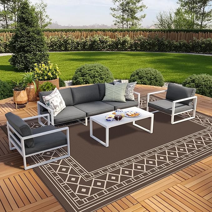 GENIMO Outdoor Rug Waterproof for Patio, 10'x14' Foldable Reversible Plastic Straw Carpet for Travel Trailers, Outside Area Mat for Rv, Deck, Picnic, Porch, Camper, Balcony, Beach, Coffee & Beige-Ruum Studio Home