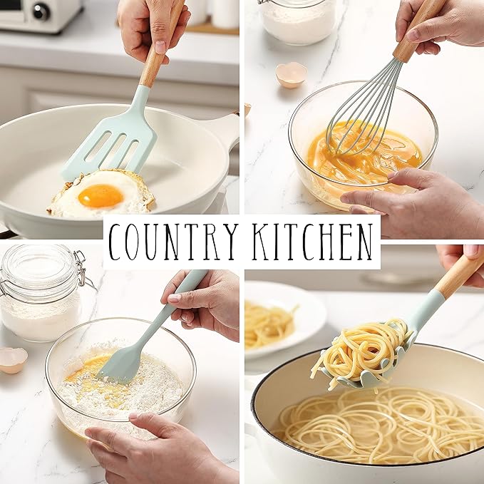 Country Kitchen Non Stick Silicone Utensil Set with Rounded Wood Handles for Cooking and Baking, 14 Piece Set, Mint-Ruum Studio Home