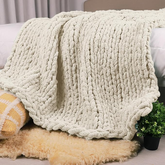 Carriediosa Chunky Knit Throw Blanket 50" X 60", 100% Hand Made Large Chenille Loop Yarn Soft Fluffy Throws for Couch Sofa Bed, Big Crochet Cozy Heavy Thick Cable Woven Blanket, Light Beige-Ruum Studio Home