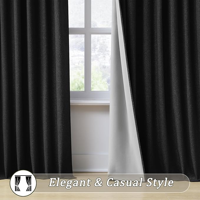 RAIN CITY Black Blackout Curtains 92 Inches Long, Textured Linen Blend Black Out Custom Made Pleated Look Curtains with Hooks Window Drapes for Bedroom Living Room-50x92-inch 2 Panels Set-Ruum Studio Home