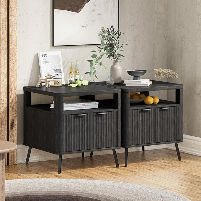 Nightstand with Charging Station, 24" End Table Side Table with Open Shelf, Modern Large Wood Fluted Bedside Cabinet for Bedroom, Living Room, Black-Ruum Studio Home